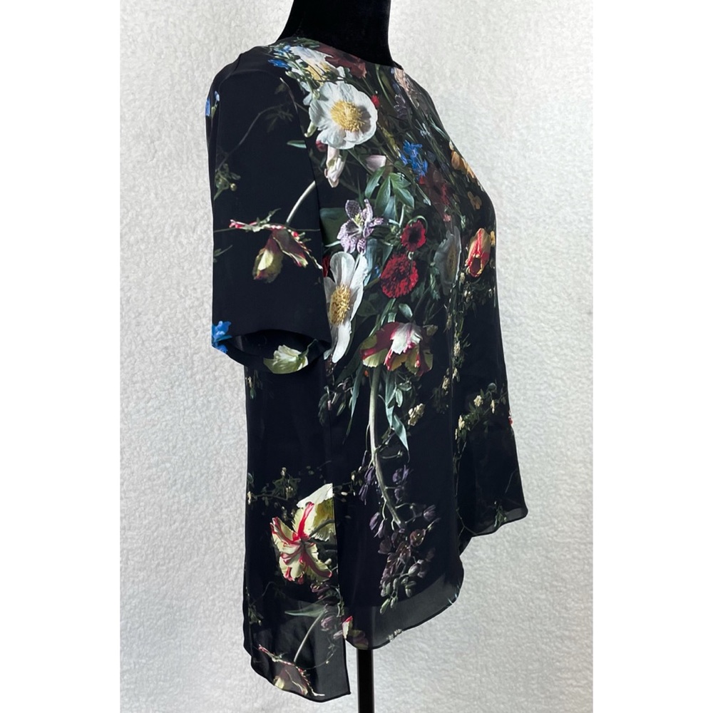 ADAM LIPPES • Black/Multi Floral Print Silk T-Shirt Blouse, 0 - Picture 7 of 13